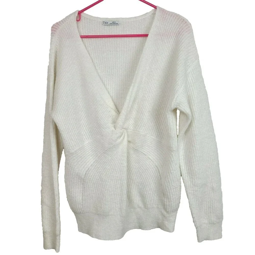 Dex Womens‎ Sweater Size Medium Ivory Twist Front V-Neck Long Sleeve Pullover